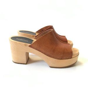 Swedish Hasbeens Ann Mules Clogs Womens 38 8 Brown Tan Natural Open Toe Shoes